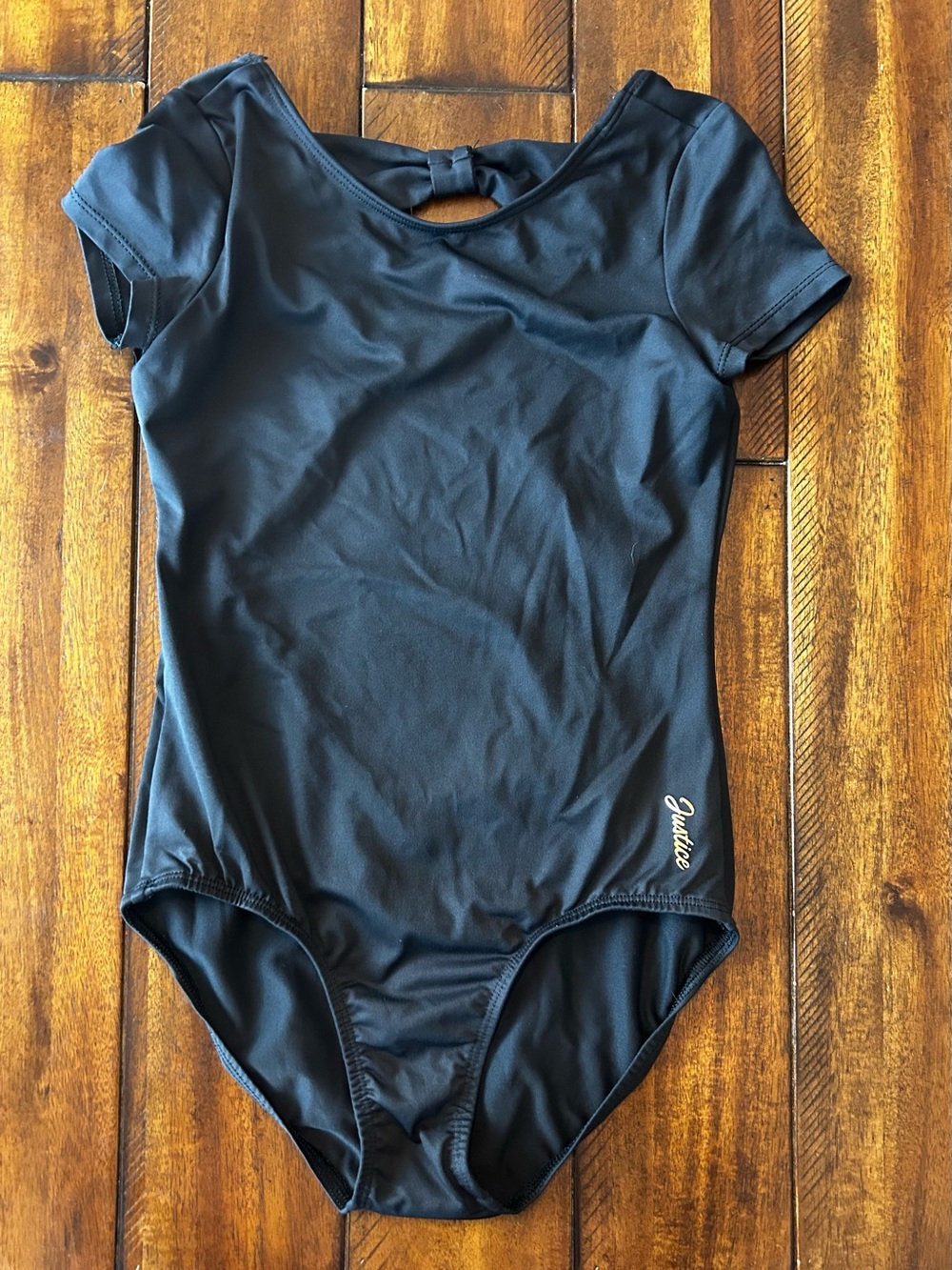 Justice Black Short-Sleeve Girls One-Piece Leotard with Back Bow